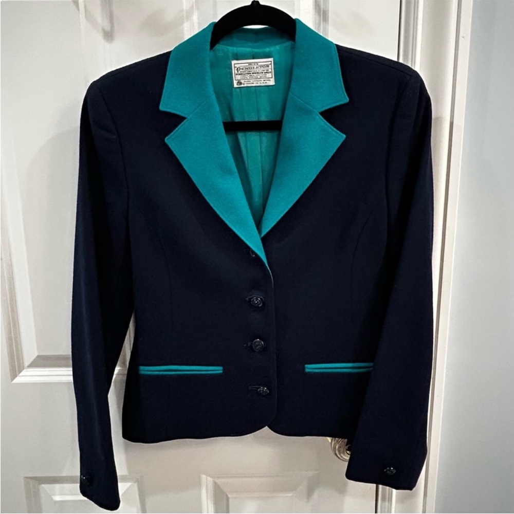 Vintage 70s Pendleton Wool Blazer Navy Teal Trim Contrast Lapel Academia Sz M - Picture 3 of 12